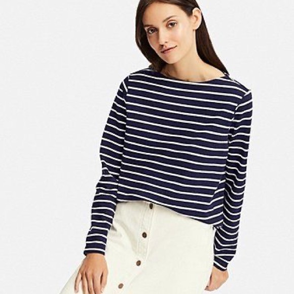 Uniqlo Tops - Uniqlo Navy Striped Boat Neck Long-Sleeve T-Shirt